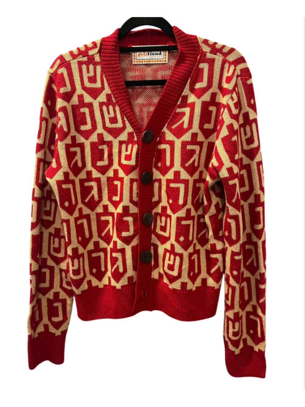 VTG Geltfiend Hanukkah Dreidel Cardigan Sweater Red Cream Size XL Ugly Holiday